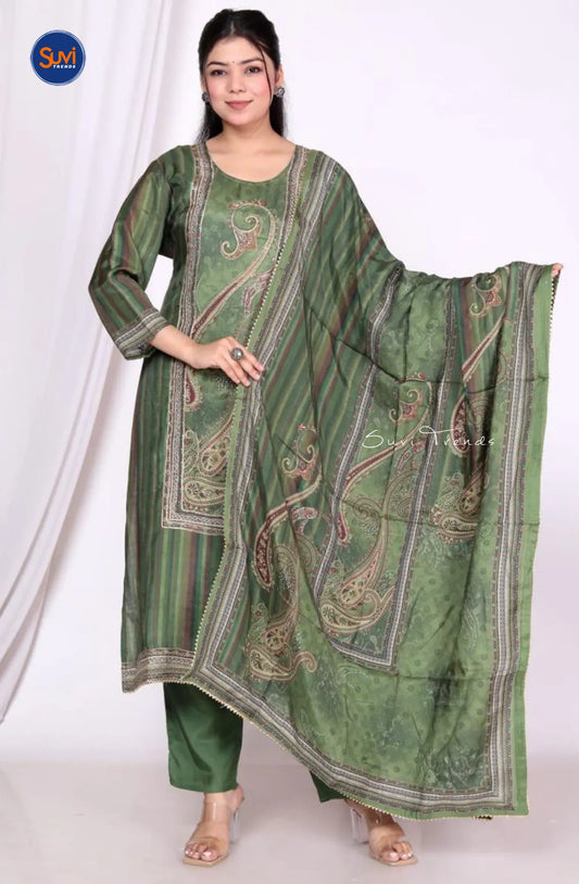 Indulge in Indian ethnic wear with our All Over Printed Muslin Suit Set. Made of soft muslin fabric, this kurta set in green features a round neck, 3/4 sleeves, and a straight cut for comfort and style. Complete with matching pants and dupatta, it's perfect for any occasion. Available for purchase online in Malaysia.