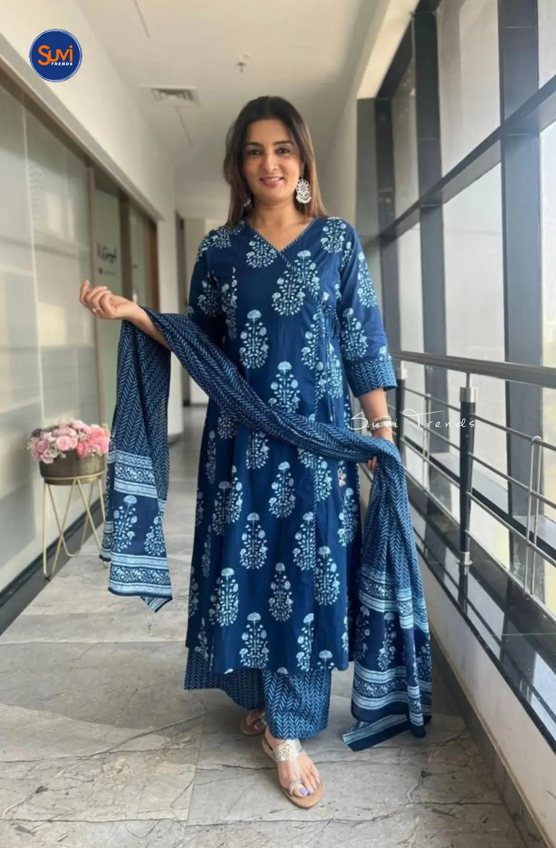 Block Printed Angrakha Anarkali Set - Indigo