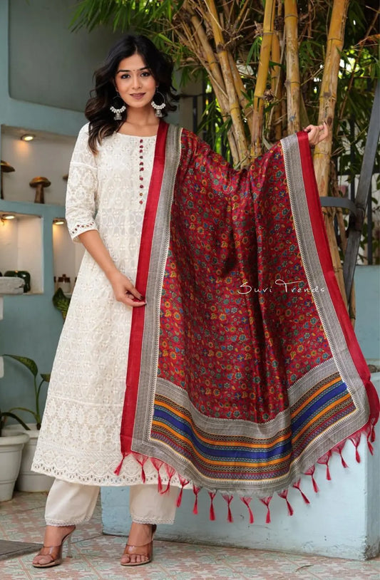 Chikankari Anarkali Set with Cotton Silk Dupatta - White & Red