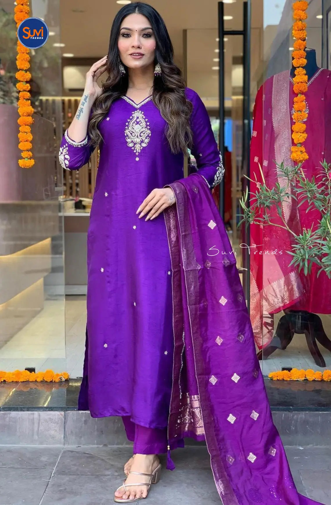 Chinnon Silk Suit Set with Hand Work - Purple