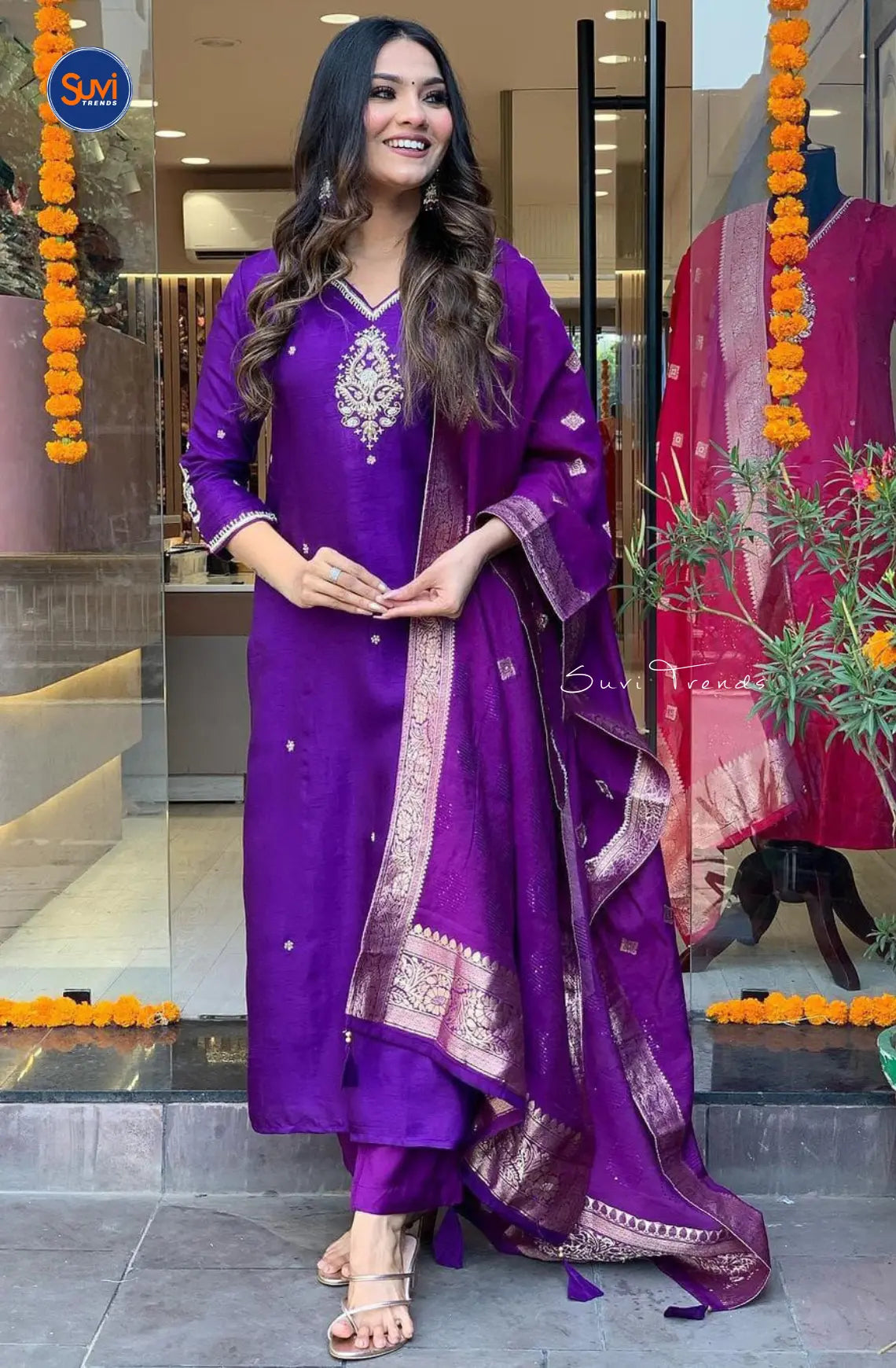 Chinnon Silk Suit Set with Hand Work - Purple