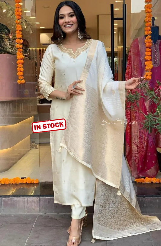 Expertly crafted from luxurious chinon silk, this white suit set is the perfect choice for any occasion. With a stunning v neck and elegant 3/4 sleeve design, this 3 piece set includes a top, bottom, and dupatta with a beautiful zari border. Perfect for festive wear, this affordable suit set can be easily purchased online in Malaysia for women.