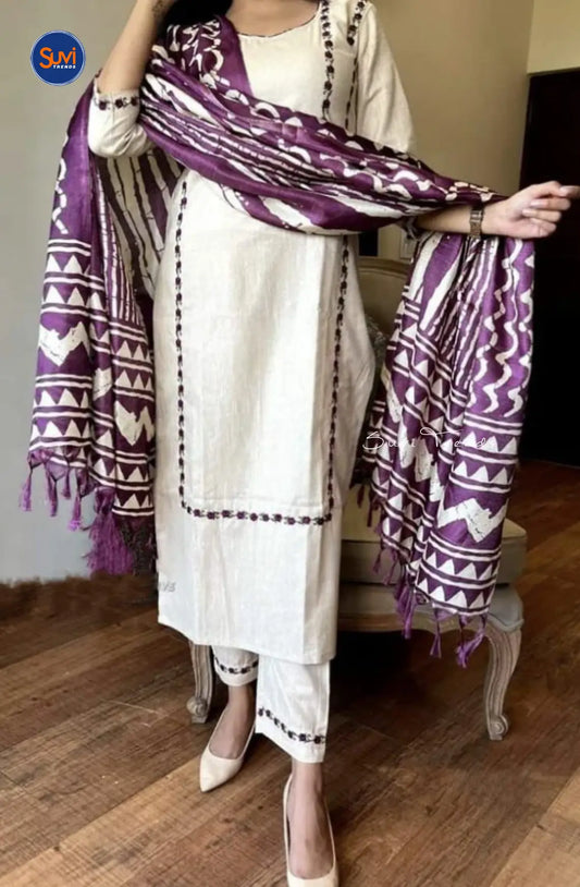 Cotton Embroidered Suit Set with Purple Dupatta - Off White