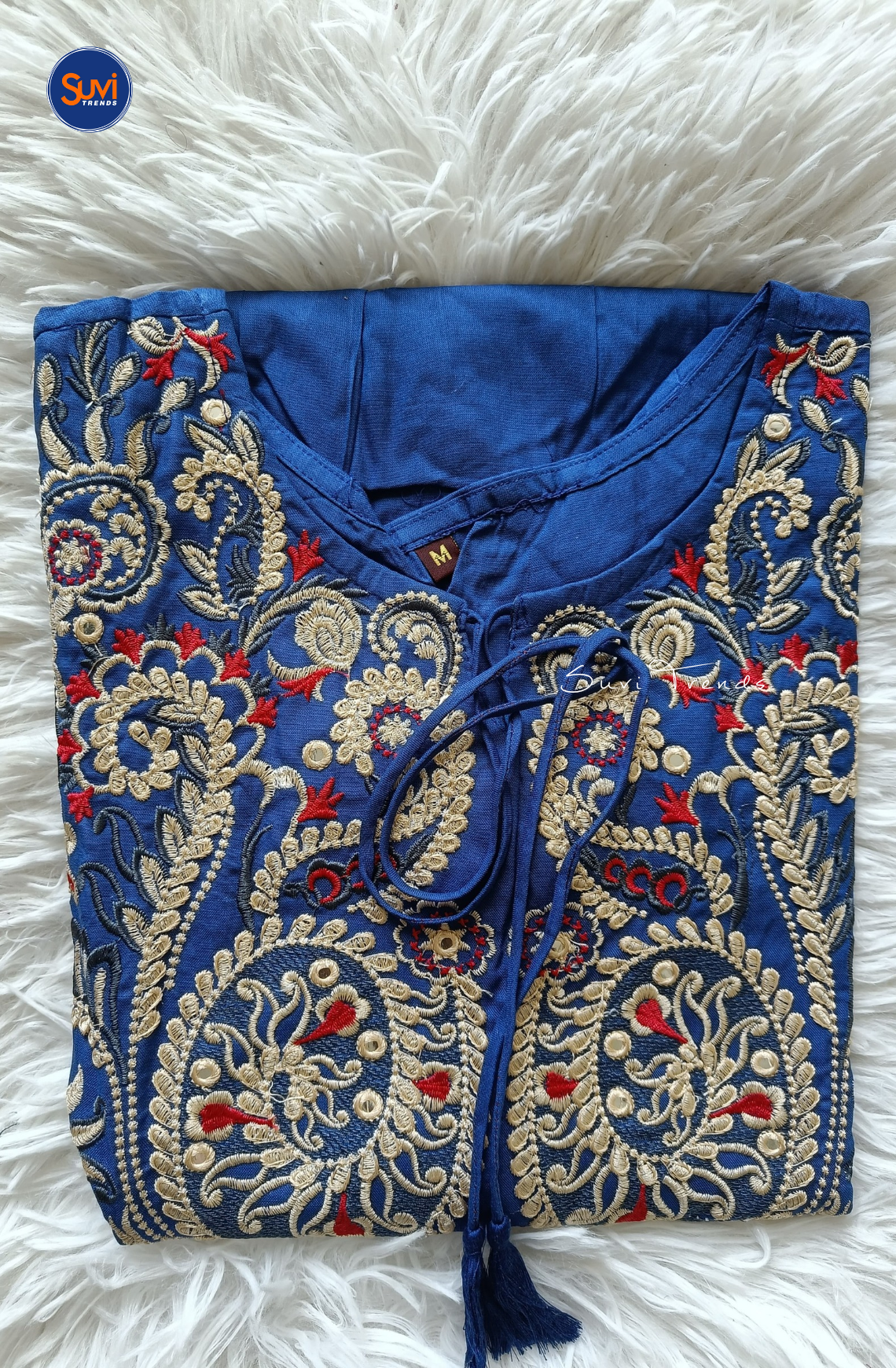 Embroidered Cotton Kurti with Tassels - Royal Blue