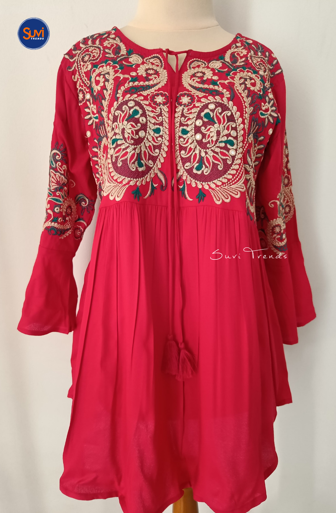 Embroidered Cotton Kurti with Tassels - Red