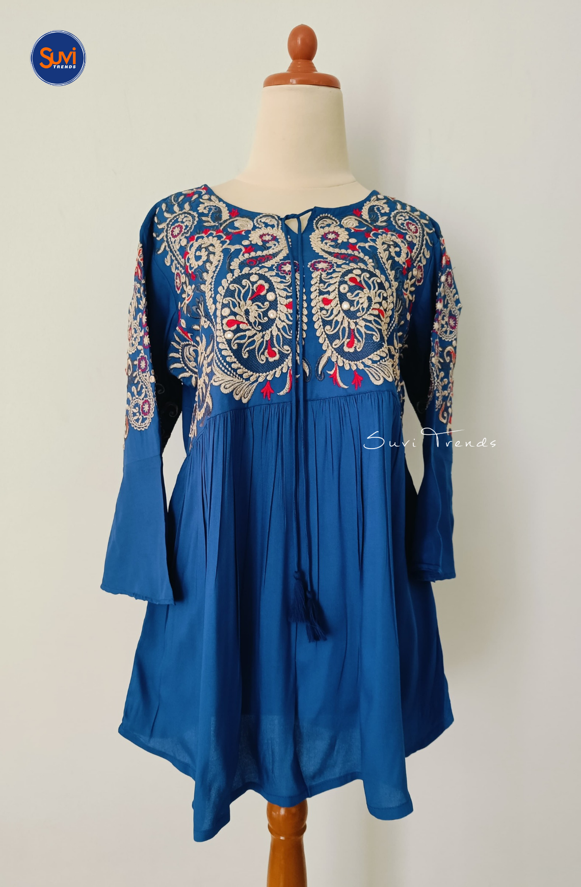 Embroidered Cotton Kurti with Tassels - Royal Blue