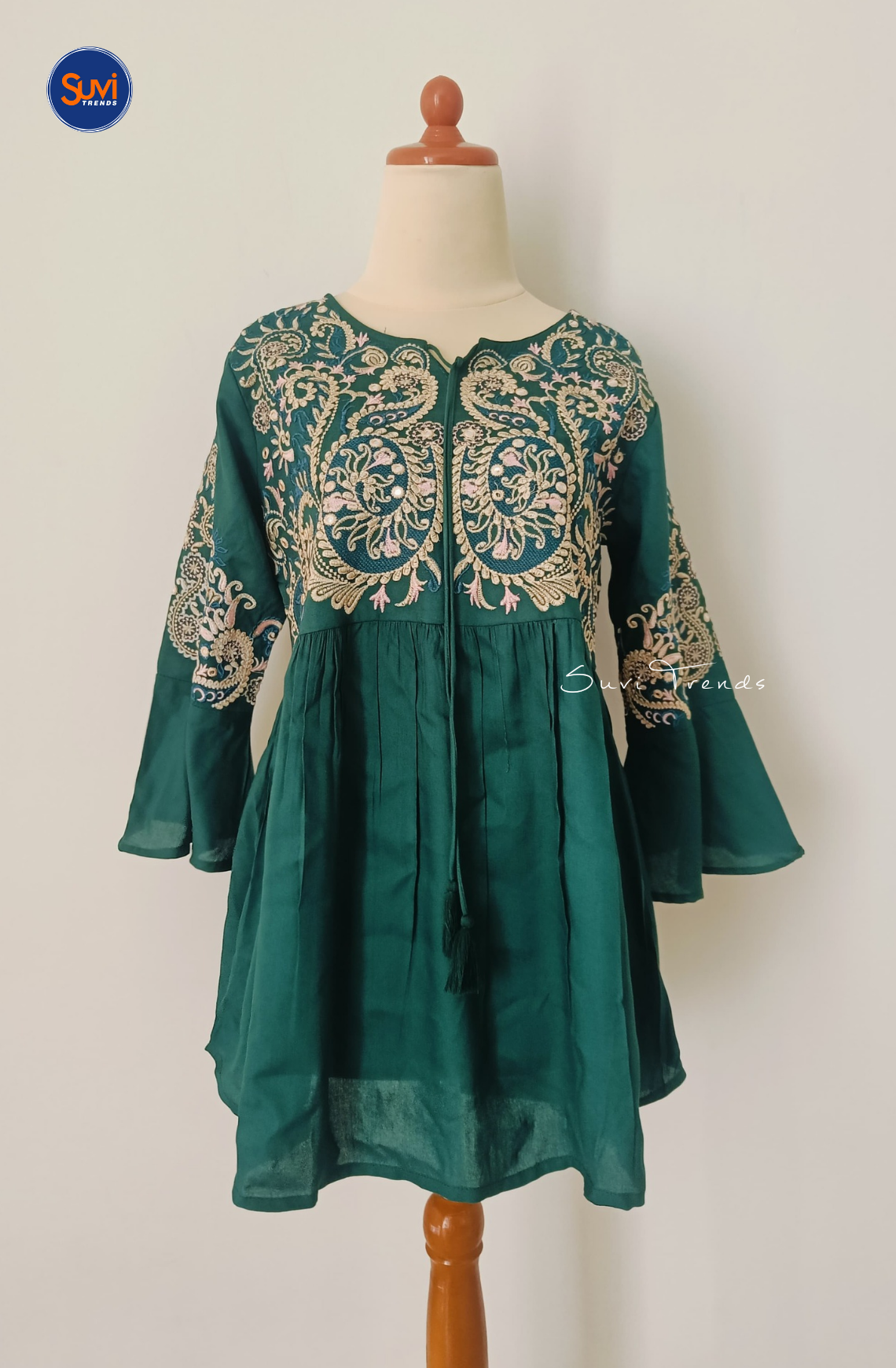 Embroidered Cotton Kurti with Tassels - Green