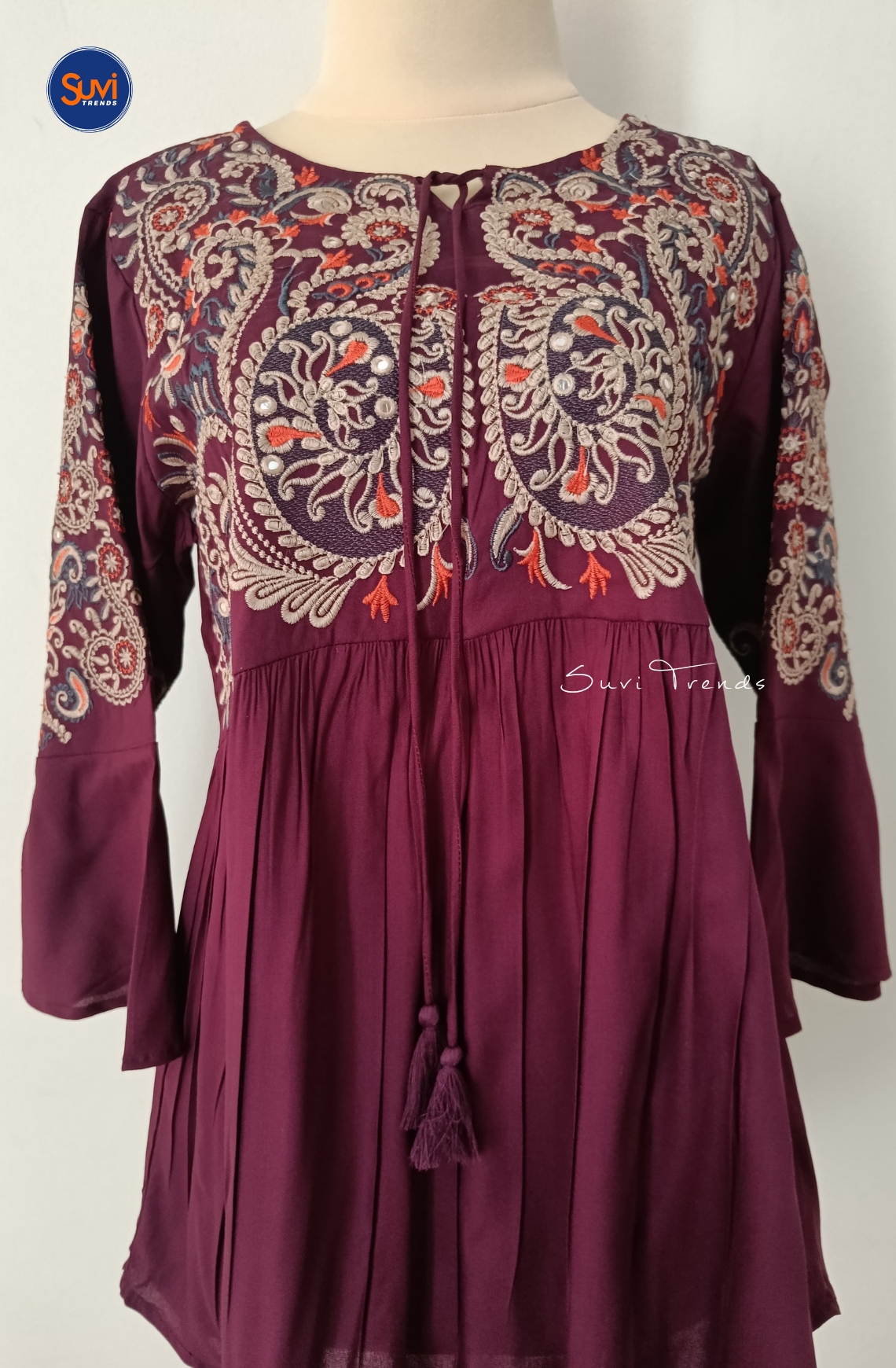 Embroidered Cotton Kurti with Tassels - Maroon