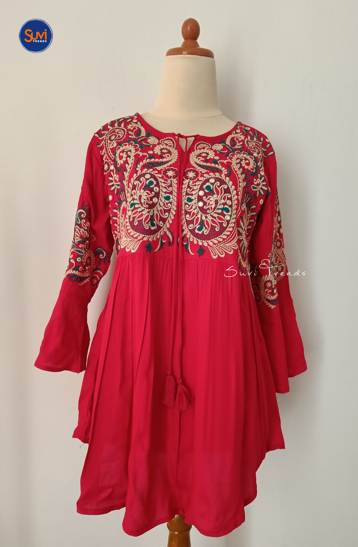 Embroidered Cotton Kurti with Tassels - Red