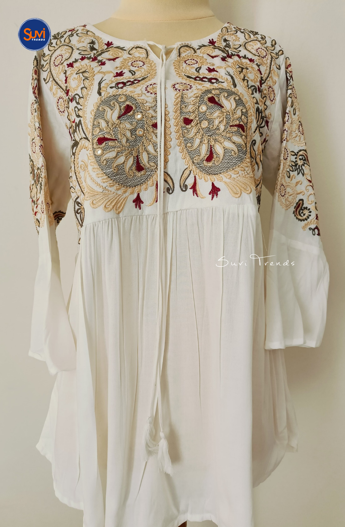 Embroidered Cotton Kurti with Tassels - White