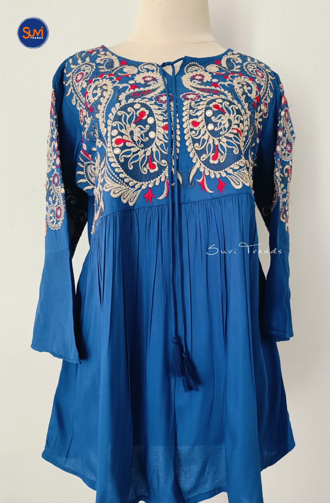 Embroidered Cotton Kurti with Tassels - Royal Blue