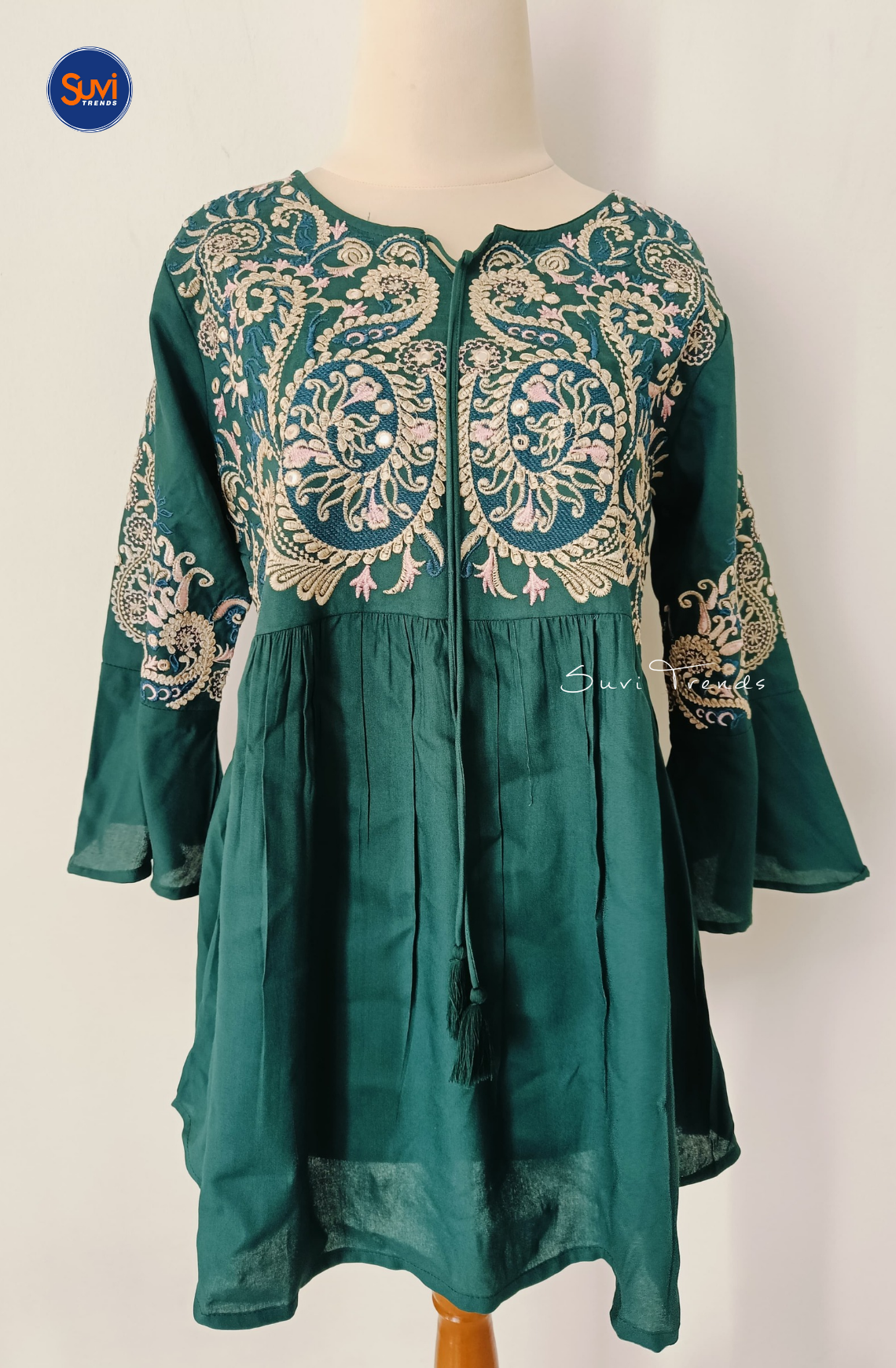 Embroidered Cotton Kurti with Tassels - Green