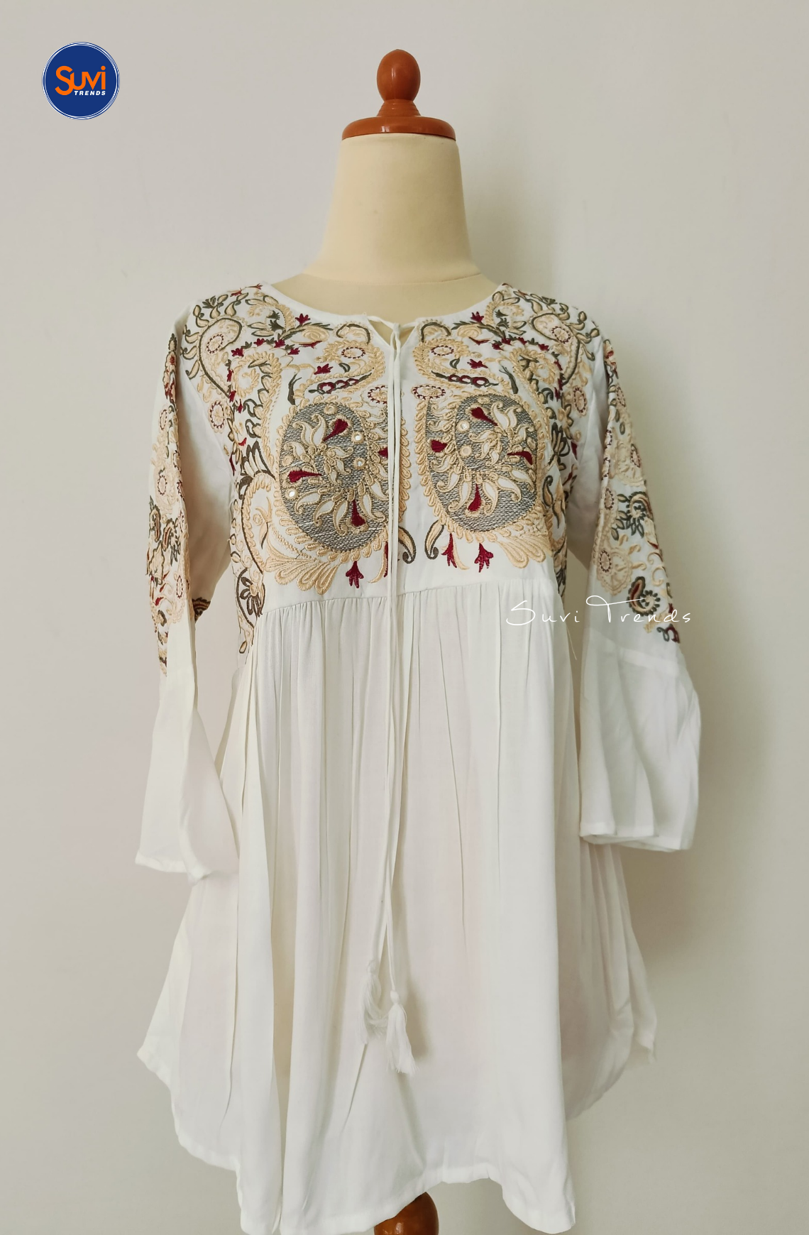 Embroidered Cotton Kurti with Tassels - White