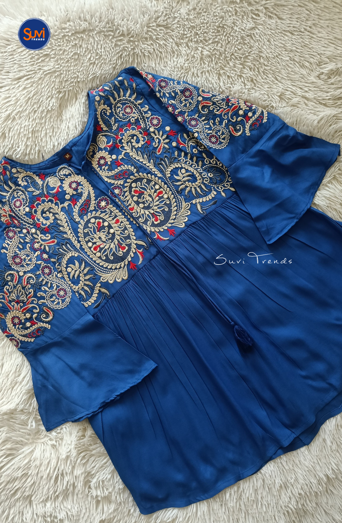 Embroidered Cotton Kurti with Tassels - Royal Blue