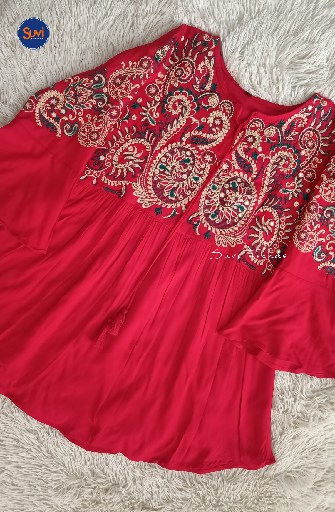 Embroidered Cotton Kurti with Tassels - Red