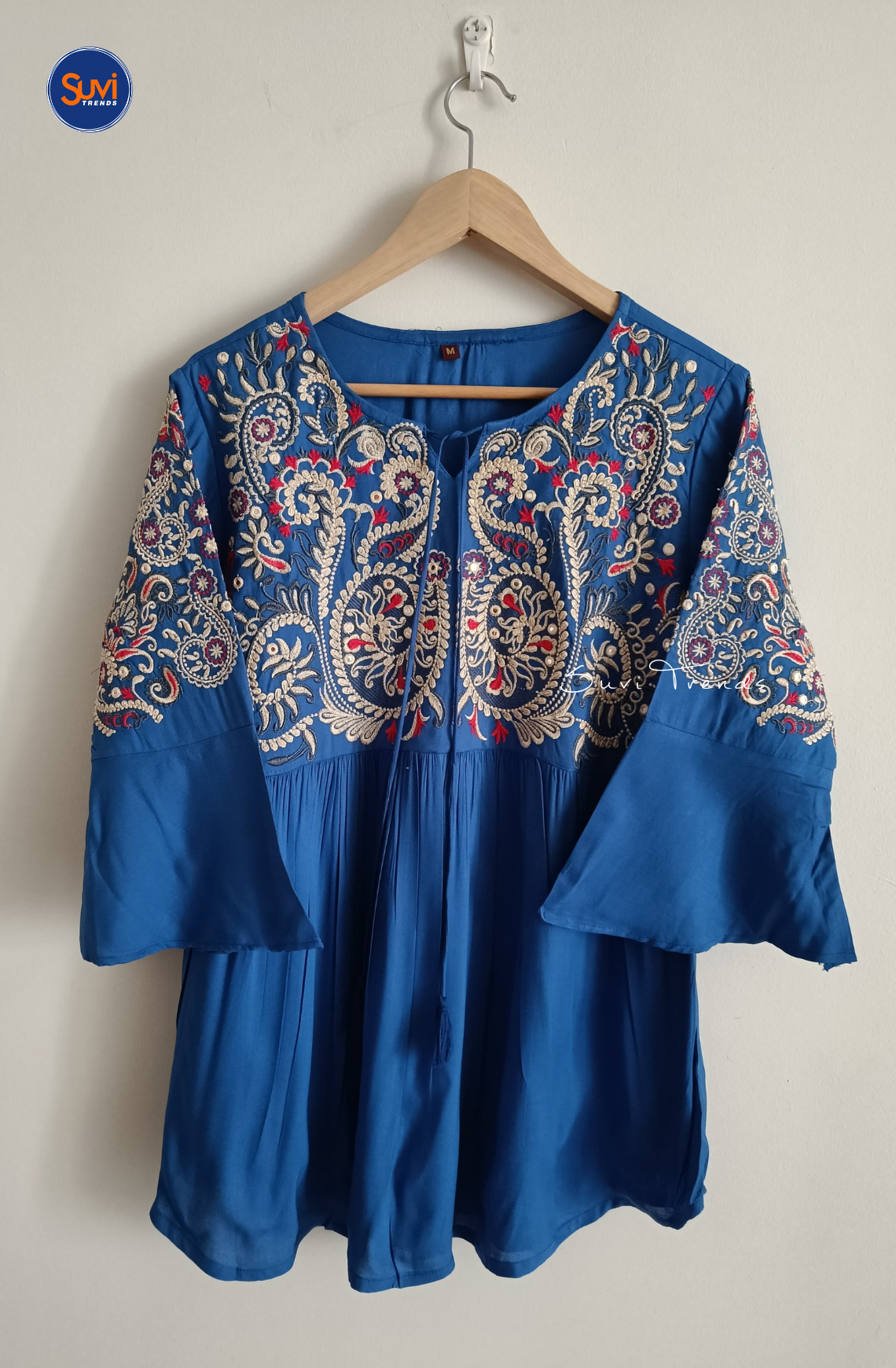 Embroidered Cotton Kurti with Tassels - Royal Blue