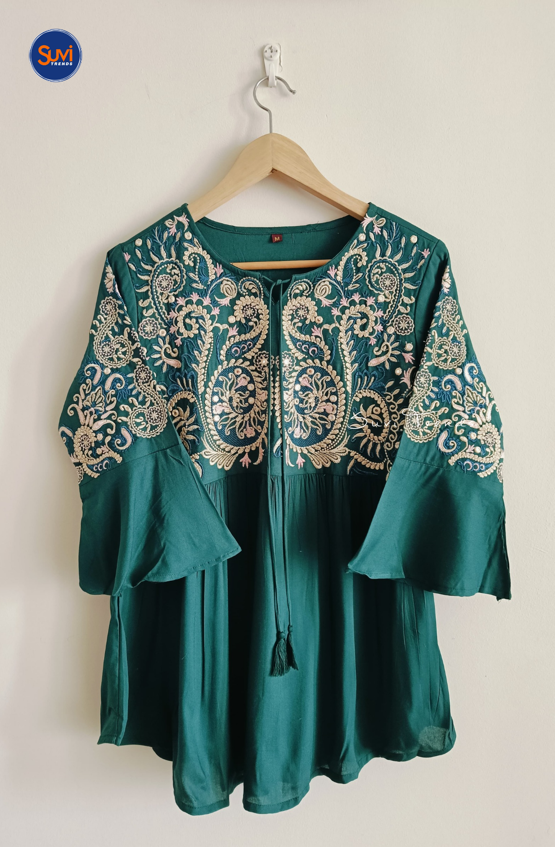 Embroidered Cotton Kurti with Tassels - Green