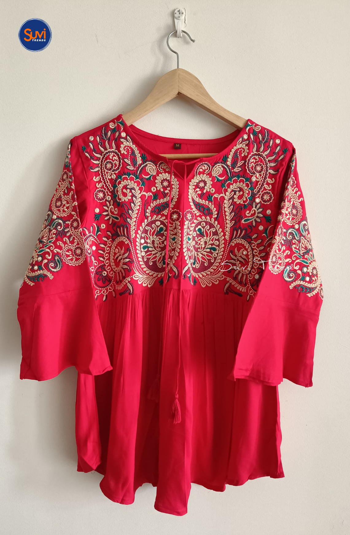 Embroidered Cotton Kurti with Tassels - Red