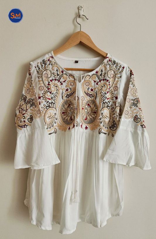 Embroidered Cotton Kurti with Tassels - White