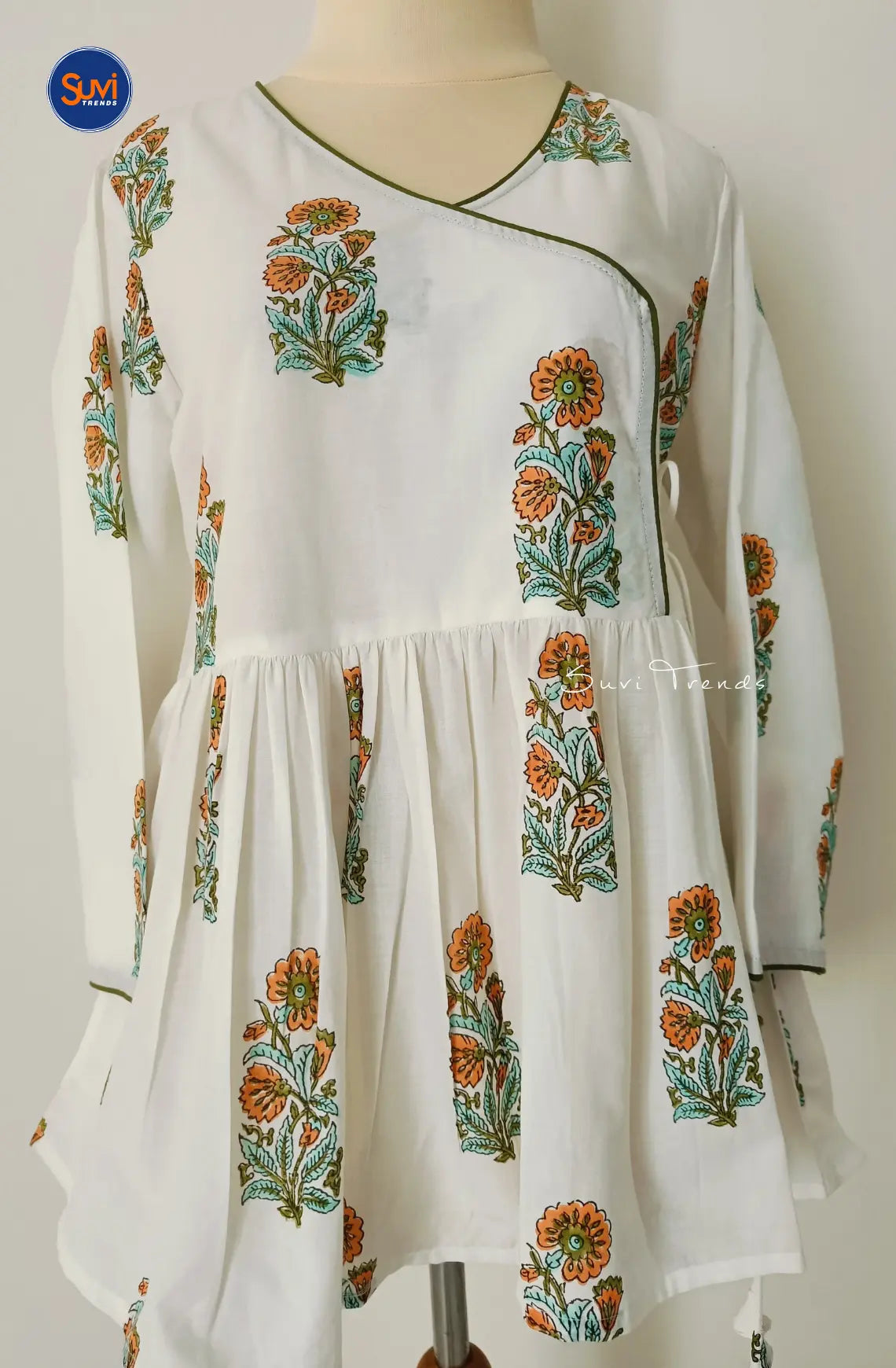 Floral Printed Angrakha Kurti - White