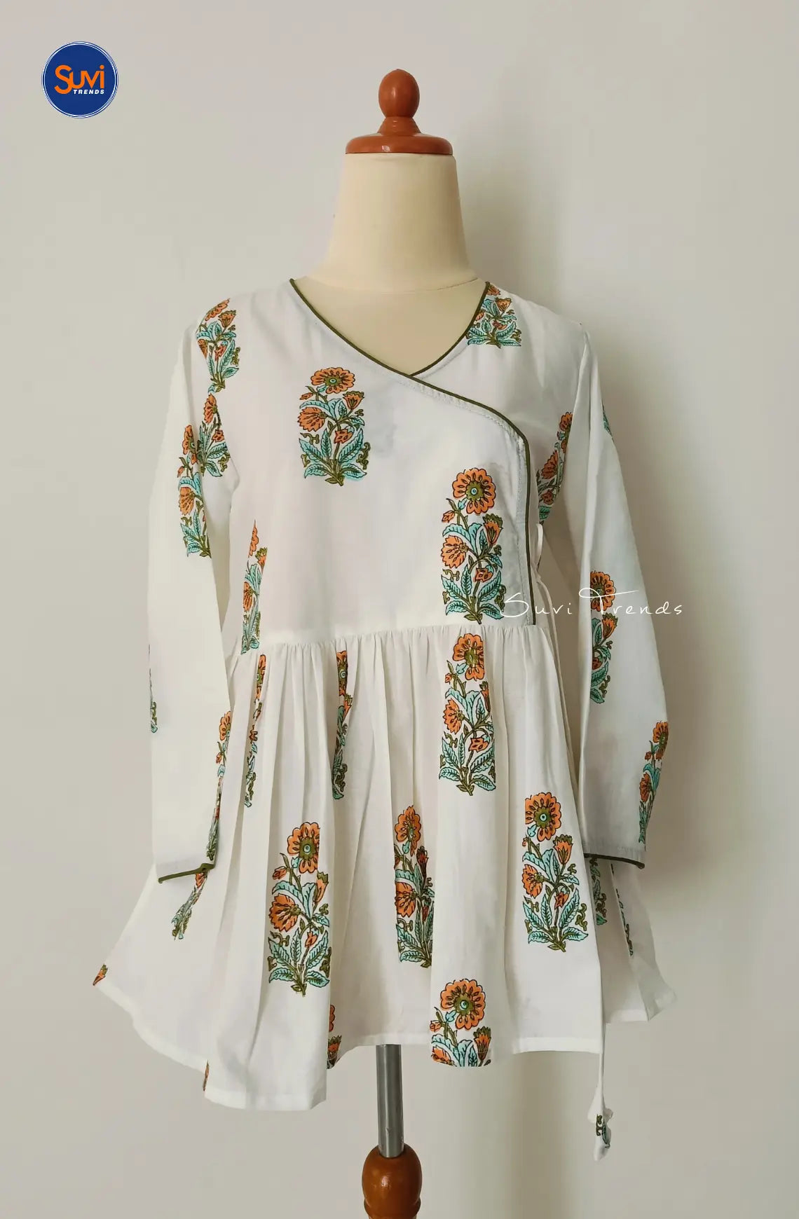 Floral Printed Angrakha Kurti - White