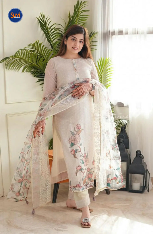 Floral Printed Soft Cotton Suit Set - Light Pink