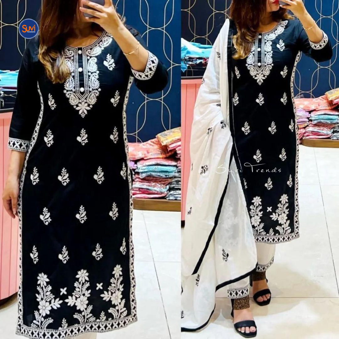 This hand-embroidered black mul cotton suit set is the perfect blend of traditional ethnic wear and modern fashion. With a 3/4 sleeve, round neck, and straight cut design, it's suitable for both casual and office wear. Complete with a pant and dupatta, this versatile set offers the best price and can be conveniently purchased online in Malaysia.