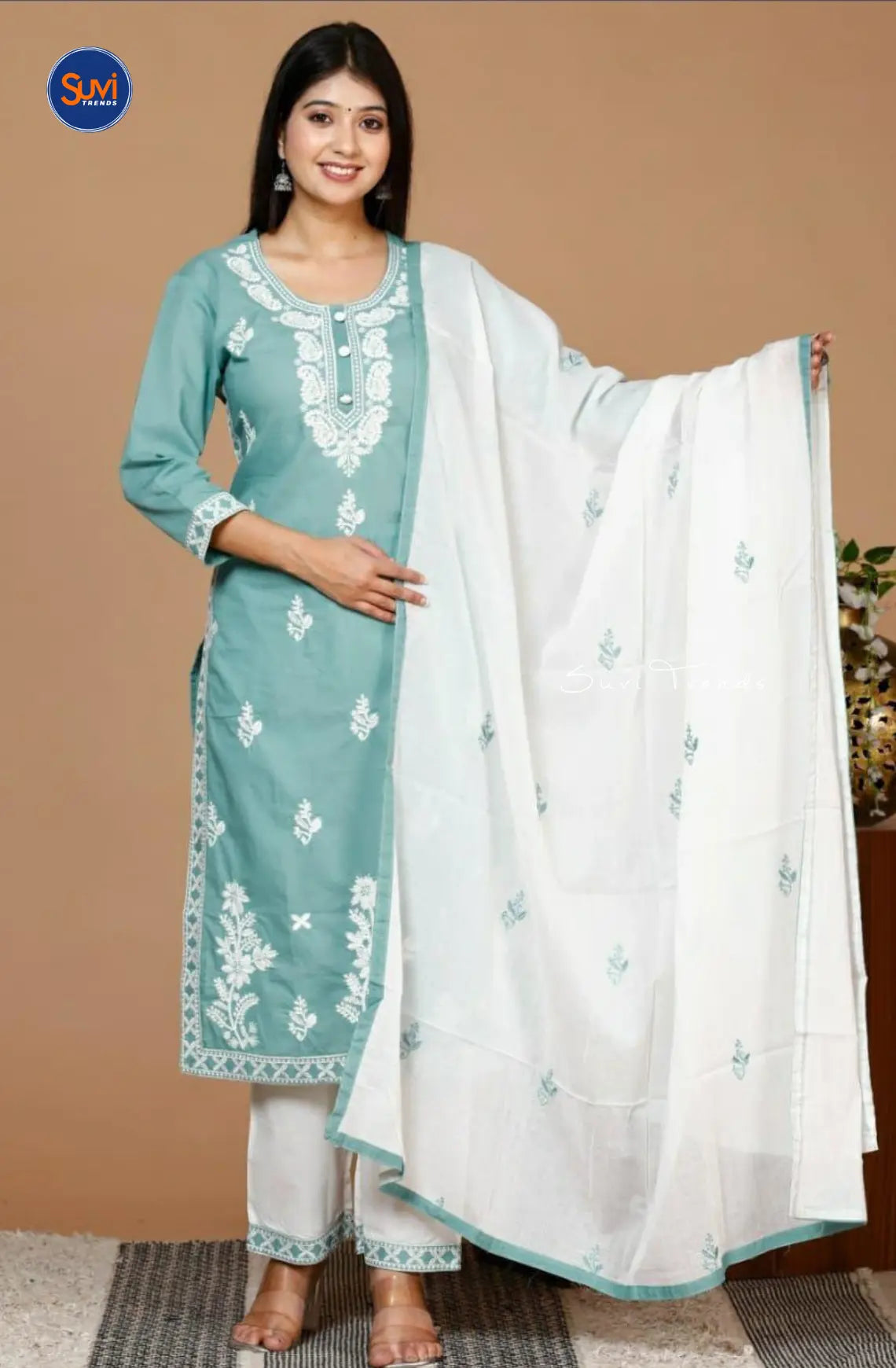 Hand Embroidered Mull Cotton Suit Set - Mint Green