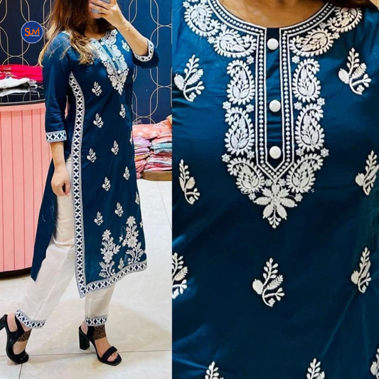 Hand Embroidered Mull Cotton Suit Set - Navy Blue