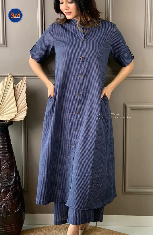 Handloom Cotton Suit Set with Palazzo - Blue