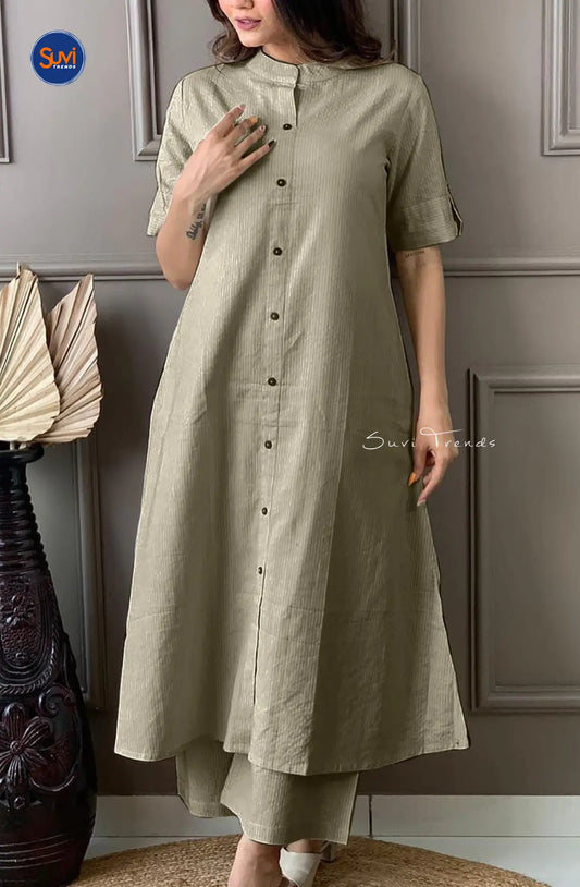 Handloom Cotton Suit Set with Palazzo - Green