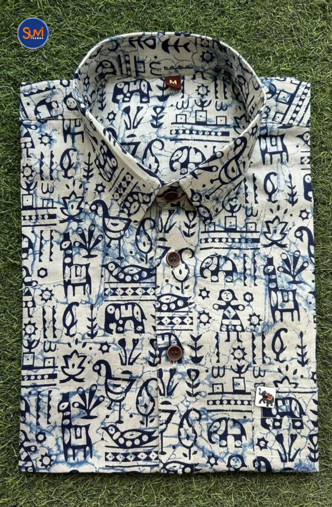 Men's Block Printed Cotton Shirt - Off White