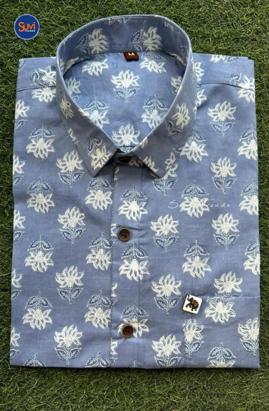 Men's Floral Printed Cotton Shirt - Greyish Blue