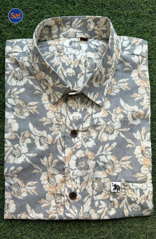 Men's Floral Printed Cotton Shirt - Grey