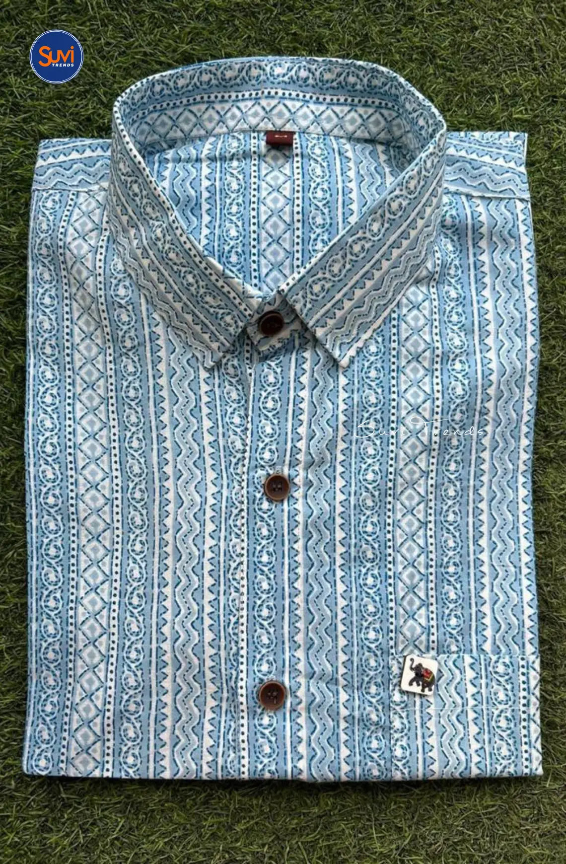 Men's Scroll Printed Cotton Shirt - Sky Blue