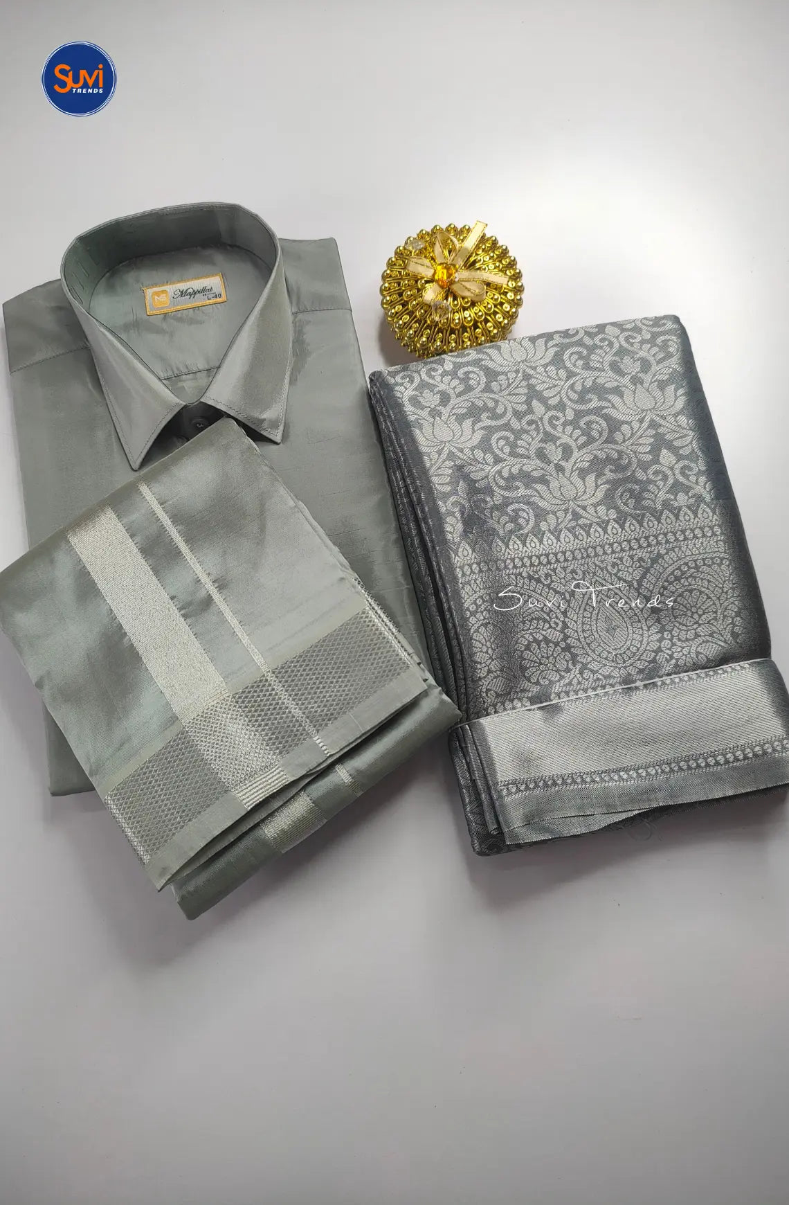 Premium Ethnic Wear Couple Combo Set - Steel Grey