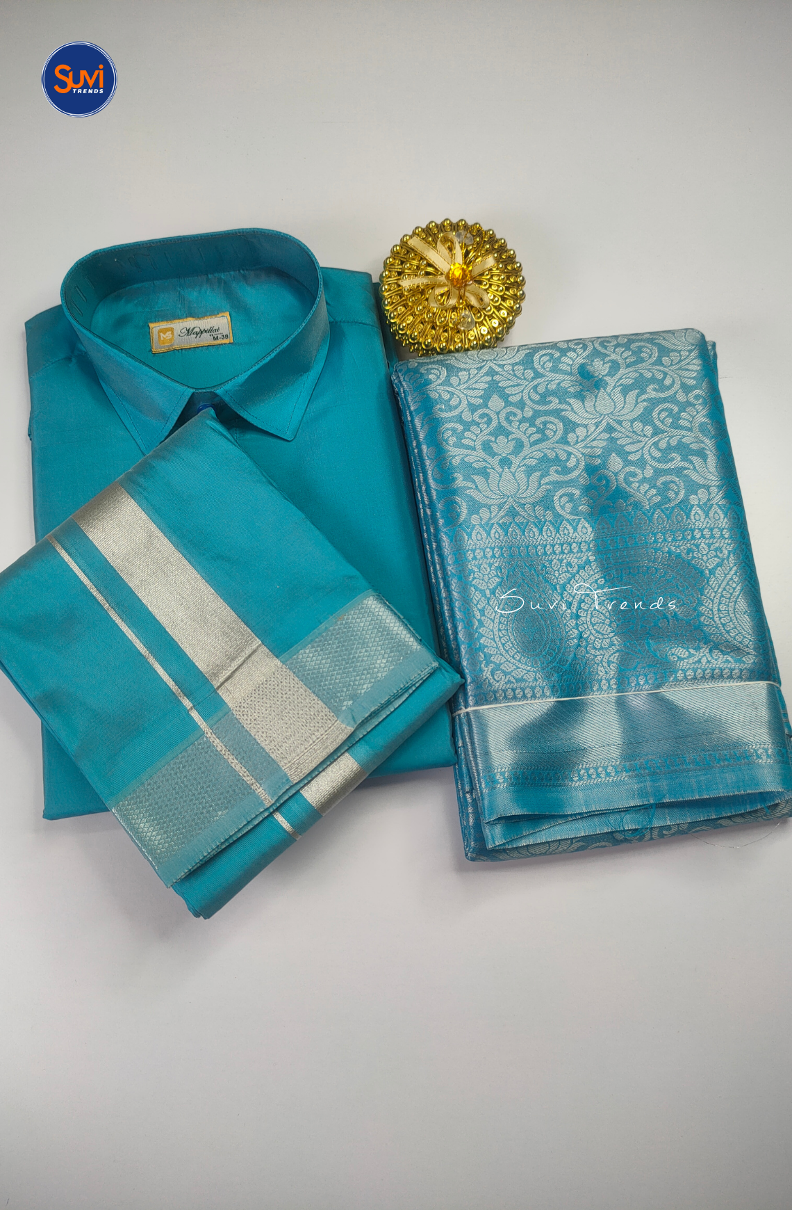 Premium Silk Couple Combo Set - Aqua Blue