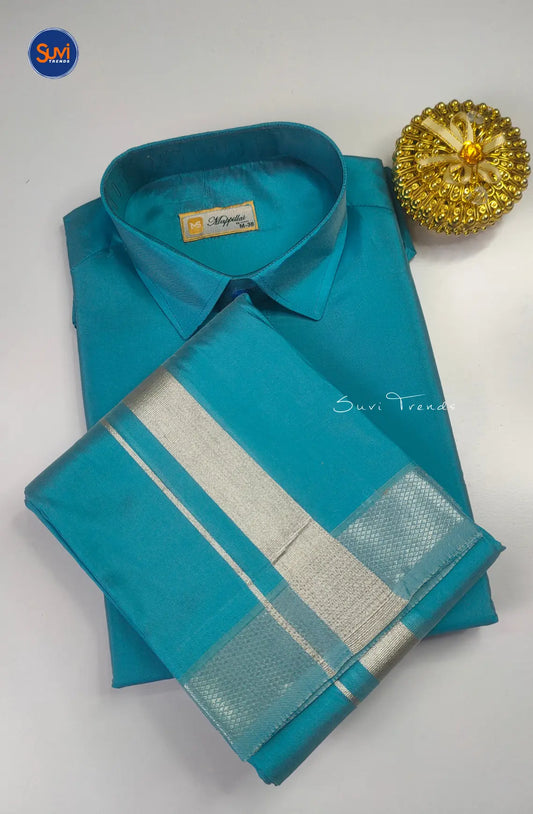 Premium Silk Men's Dhoti Set - Aqua Blue