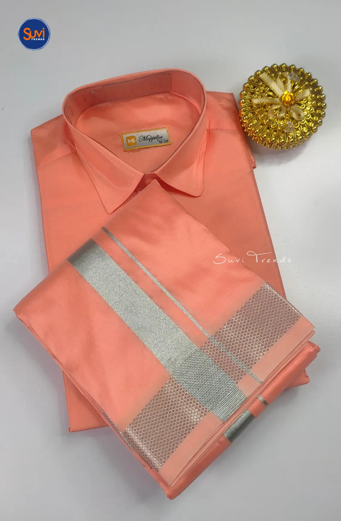 Premium Silk Men's Dhoti Set - Dark Peach