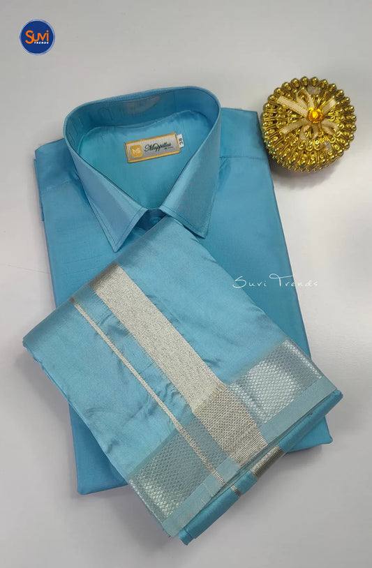 Premium Silk Men's Dhoti Set - Sky Blue