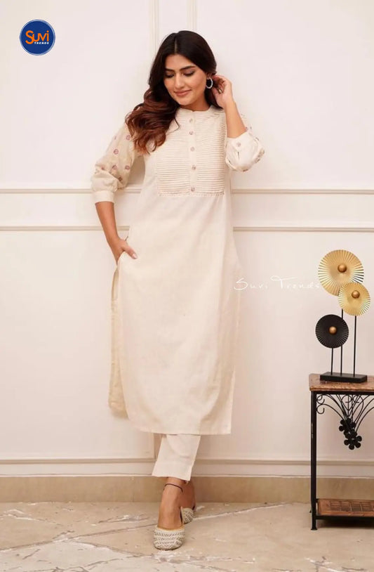 Pure Cotton Embroidered Kurta with Pant - Off White