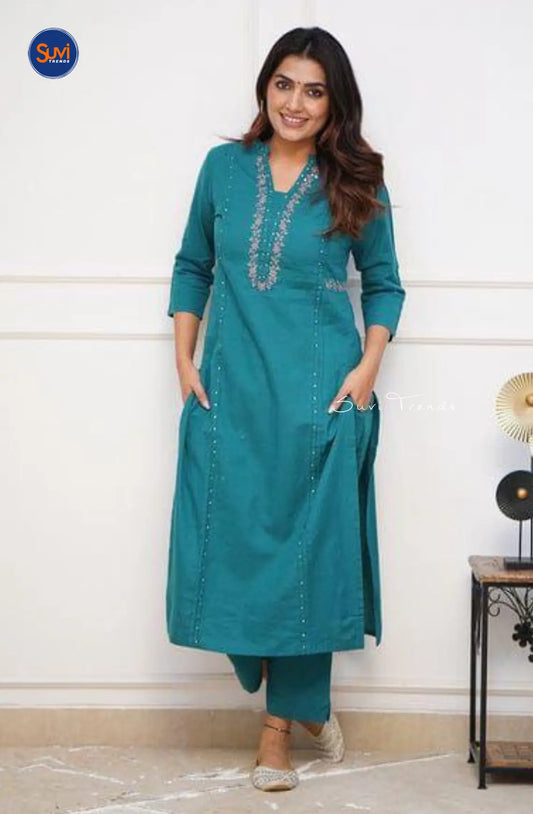 Pure Cotton Embroidered Kurta with Pant - Teal