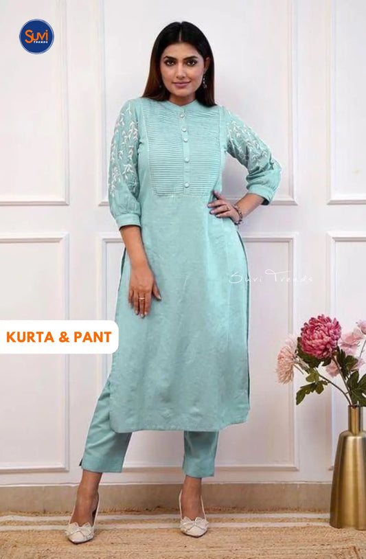 Pure Cotton Embroidered Top and Pant - Turquoise