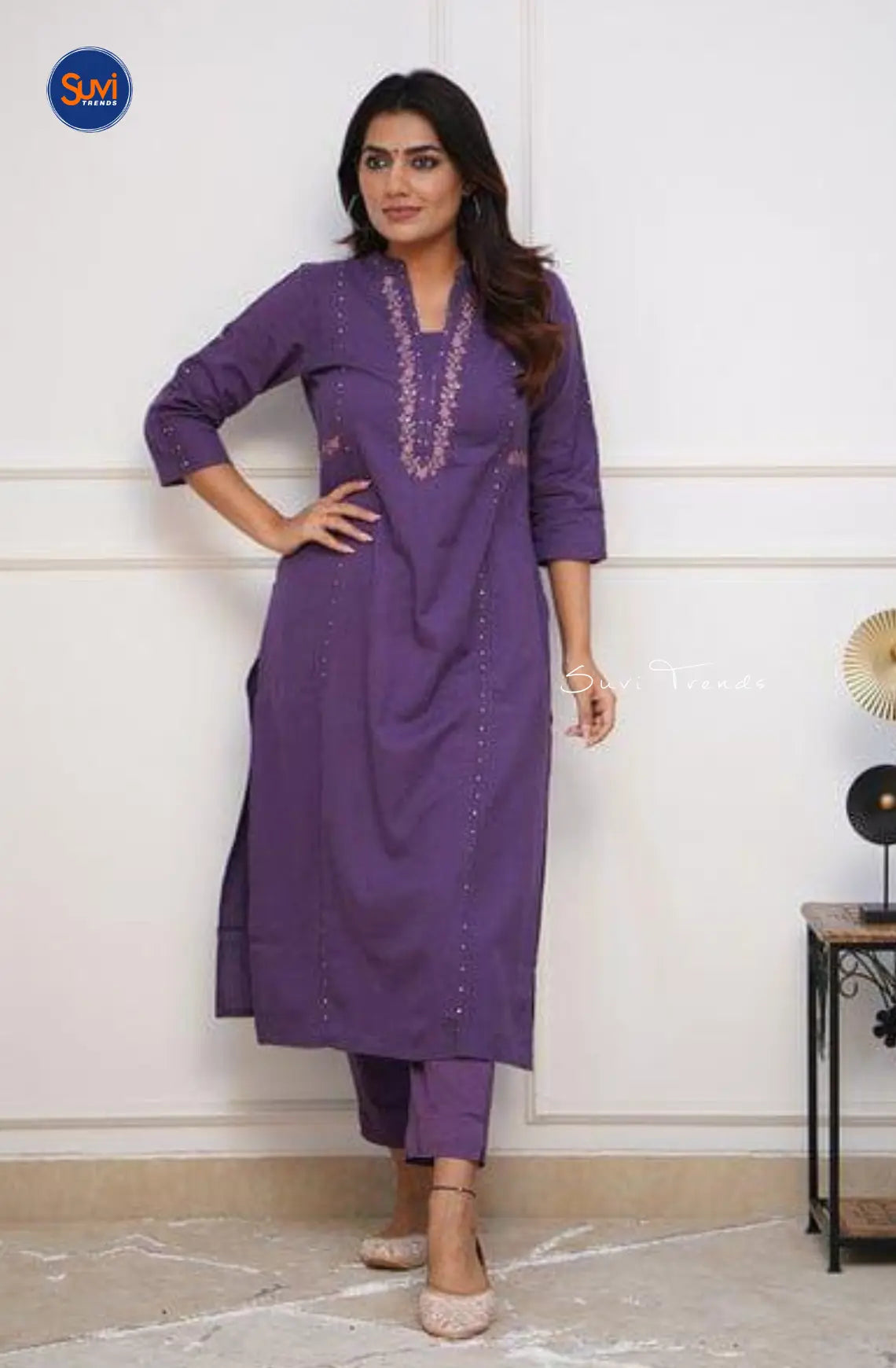 Pure Cotton Embroidered Kurta with Pant - Violet