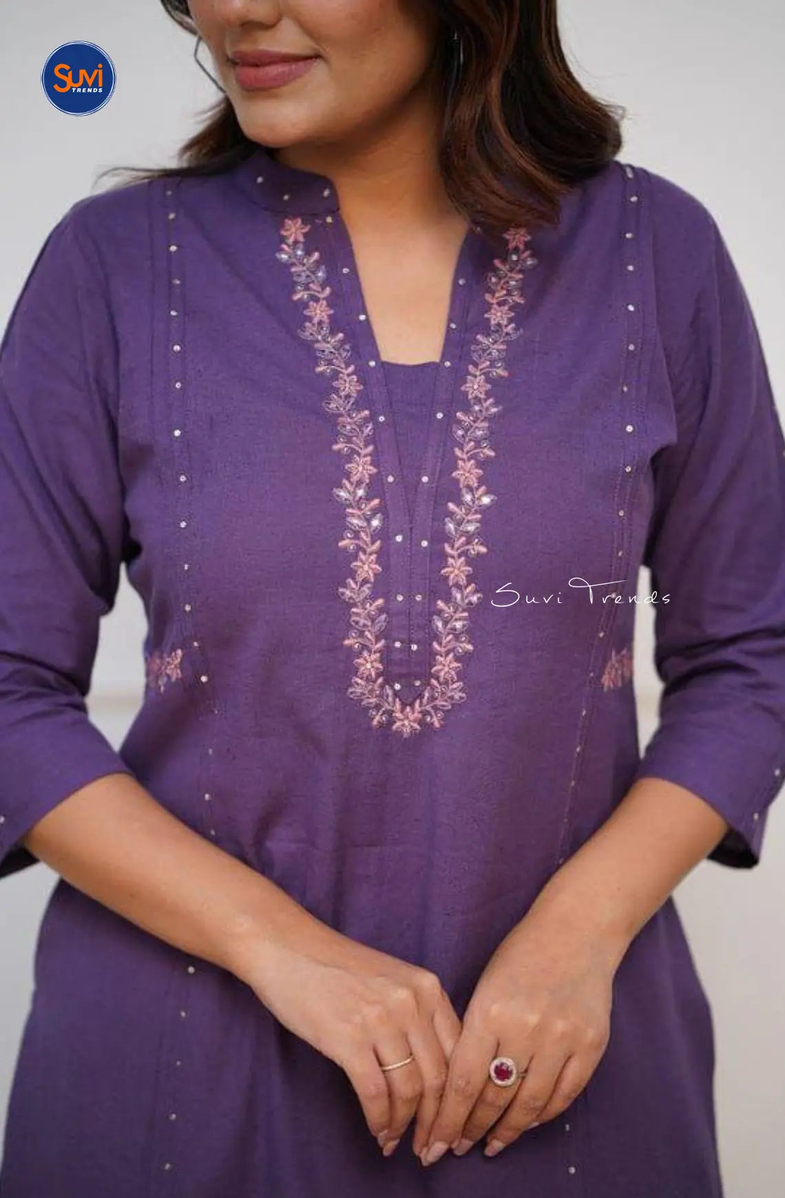 Pure Cotton Embroidered Kurta with Pant - Violet