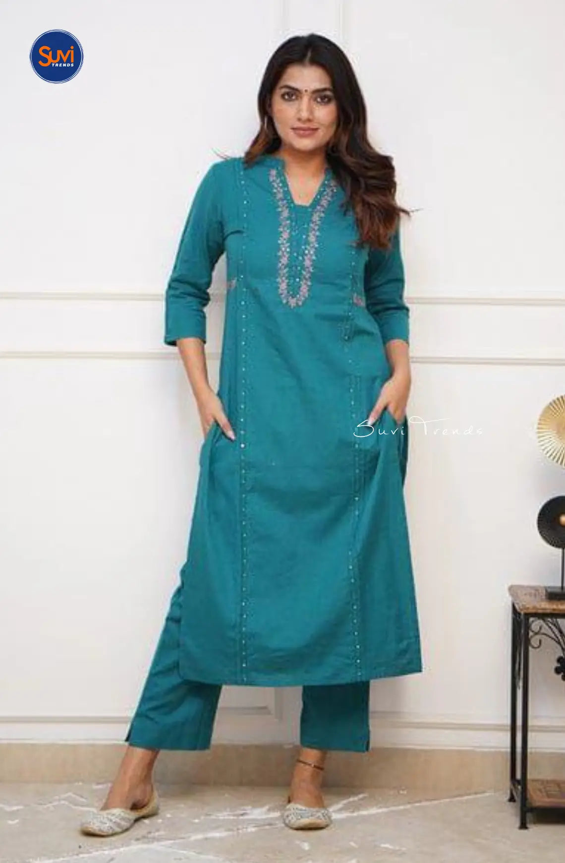 Pure Cotton Embroidered Kurta with Pant - Teal