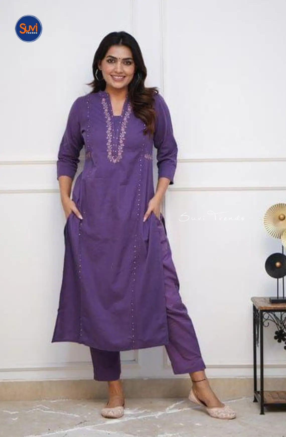 Pure Cotton Embroidered Kurta with Pant - Violet