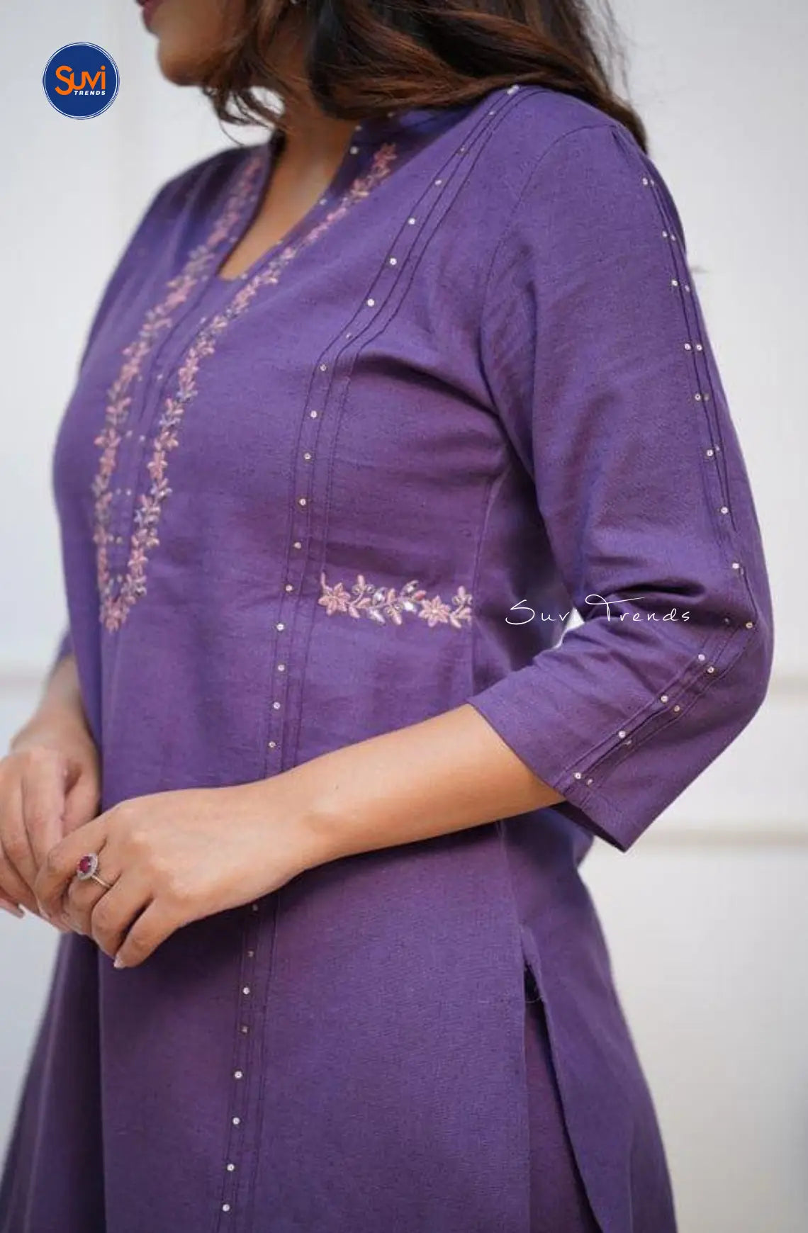 Pure Cotton Embroidered Kurta with Pant - Violet