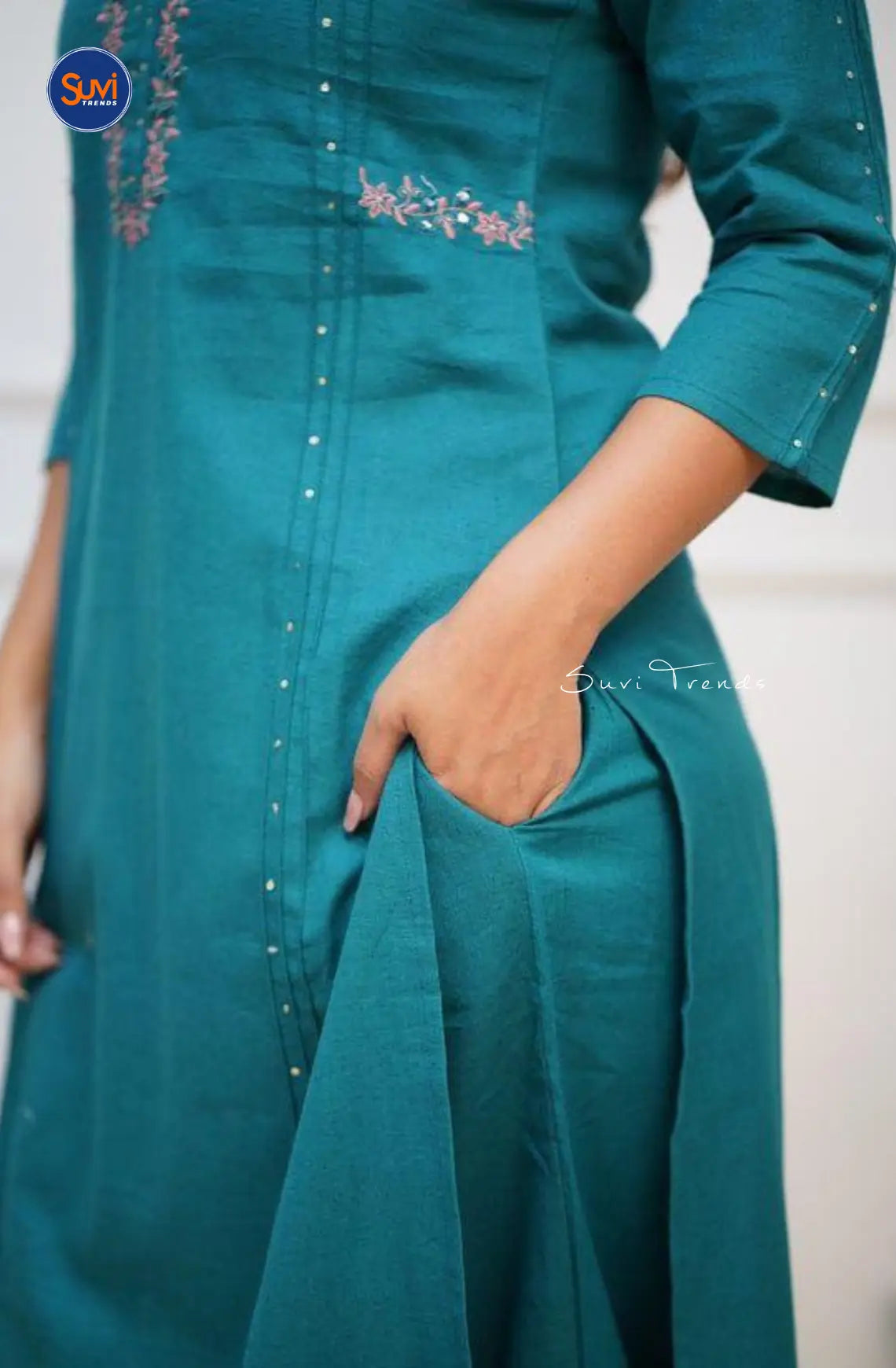 Pure Cotton Embroidered Kurta with Pant - Teal