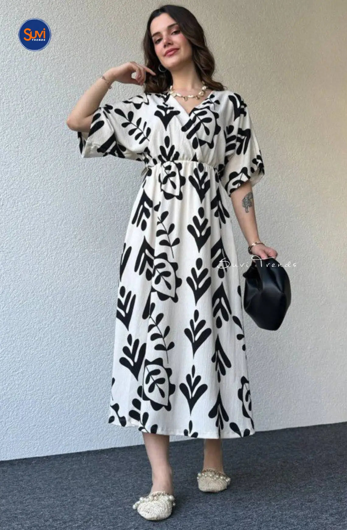 Pure Cotton Printed Dress - White & Black